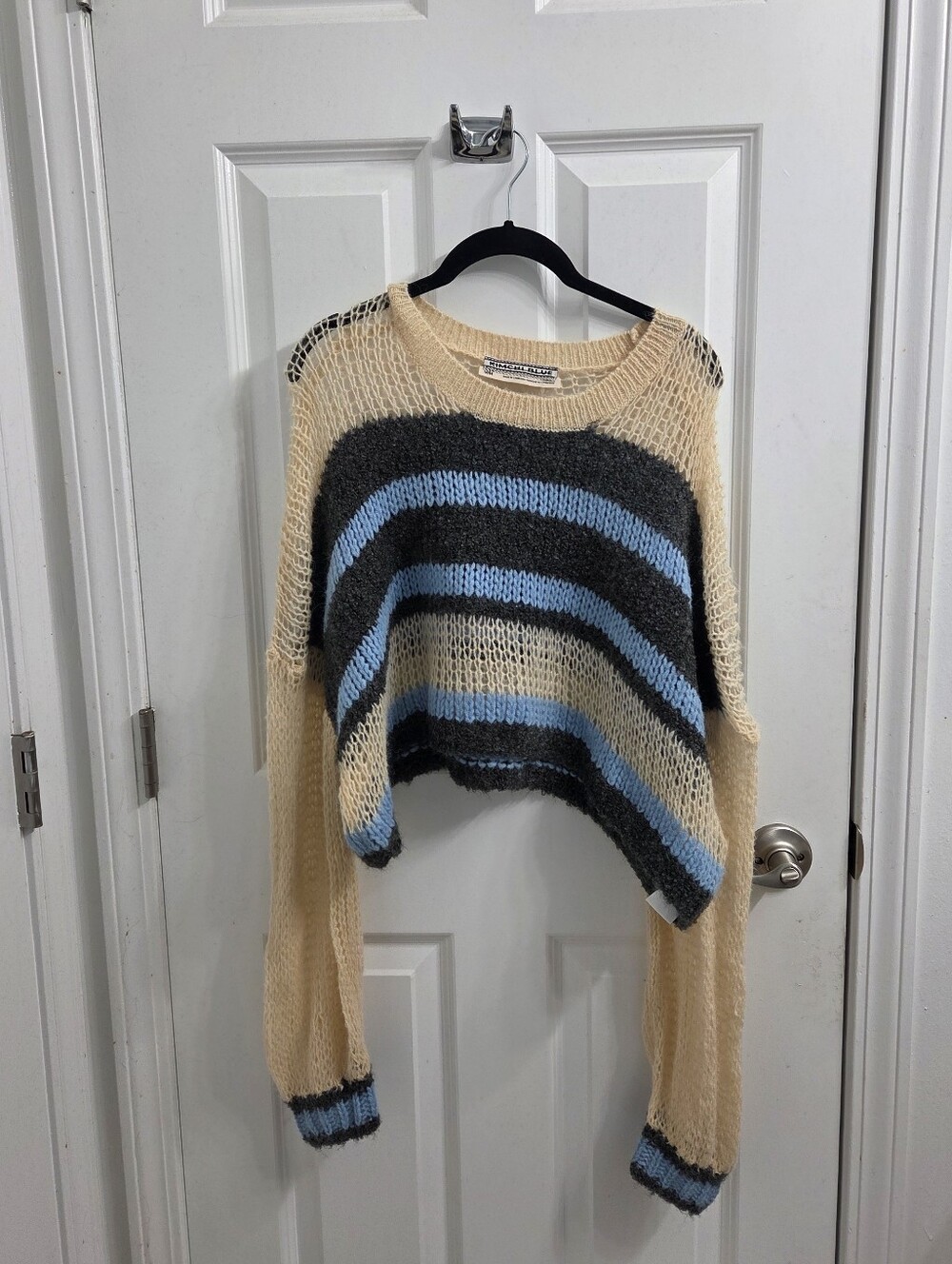 Kimchi Blue Striped Open-Knit Cropped Sweater in Cream, Gray & Blue